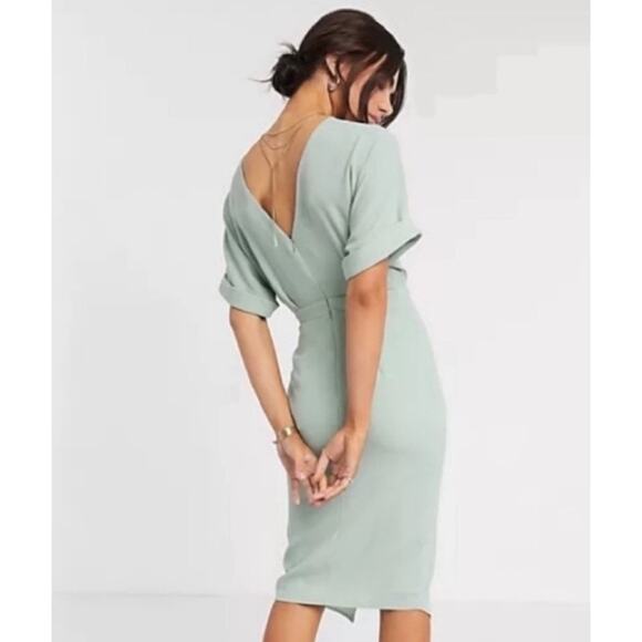 NWT ASOS Wiggle Midi Dress Size 8 Petite Sage Green Split Front Business Casual - Picture 3 of 10